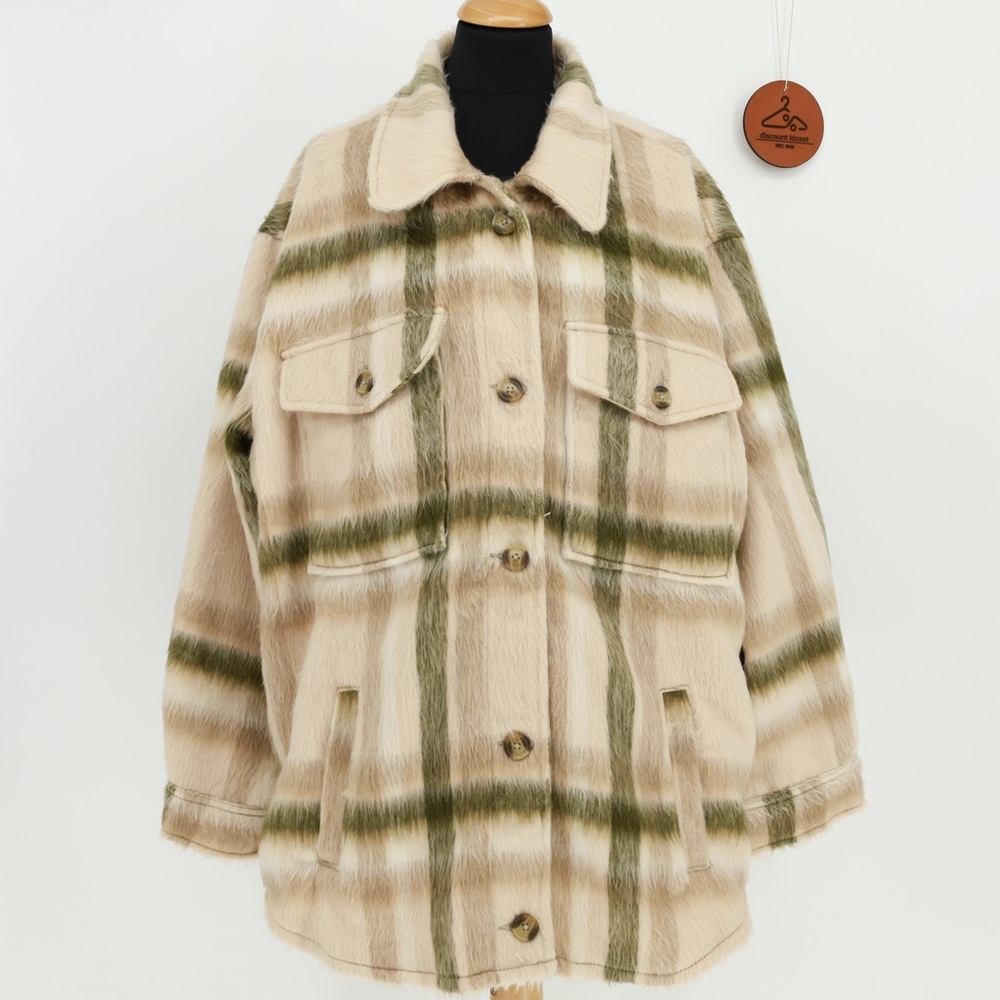 American Eagle‎ Brushed Plaid Fuzzy Shacket XS Olive Green Cream NWOT